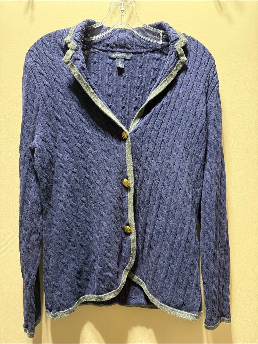 Lands' End Navy Cable-Knit Cardigan with Gray Trim